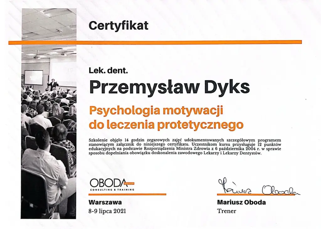 Przemysław Dyks - lekarz dentysta - certyfikat