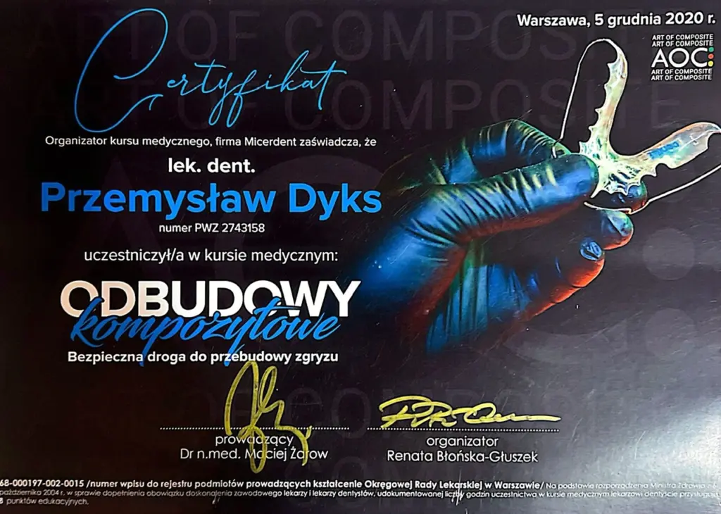 Przemysław Dyks - lekarz dentysta - certyfikat